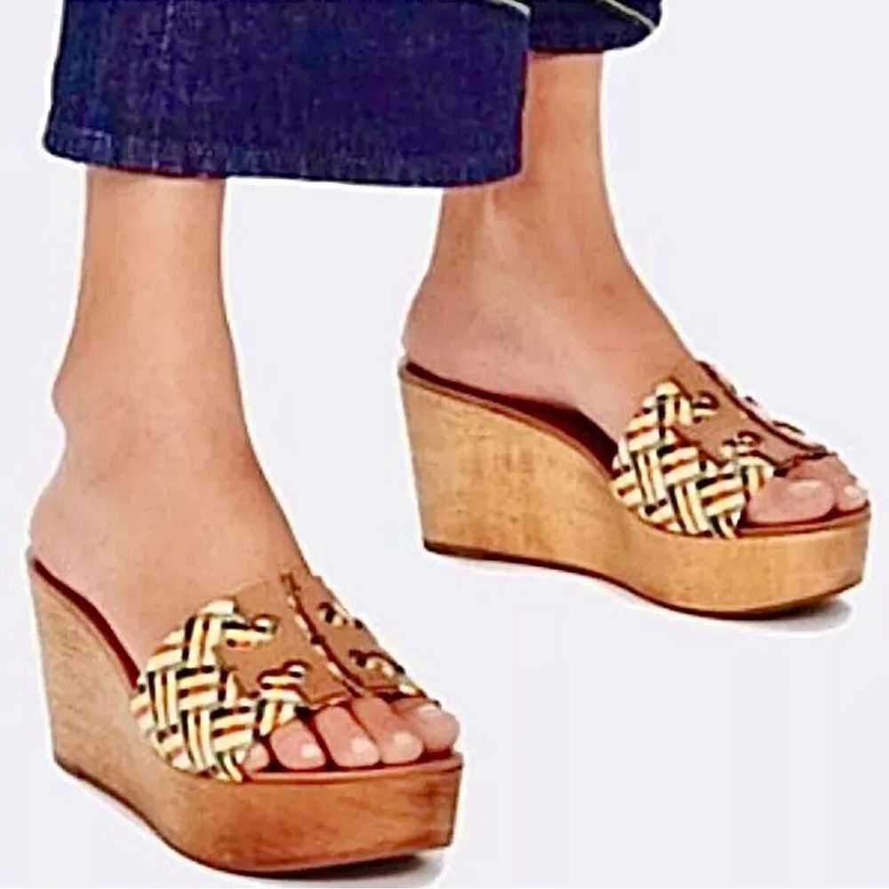 Tory Burch Ines Woven Multicolor Raffia Wedge Platform Slide Sandals US 10